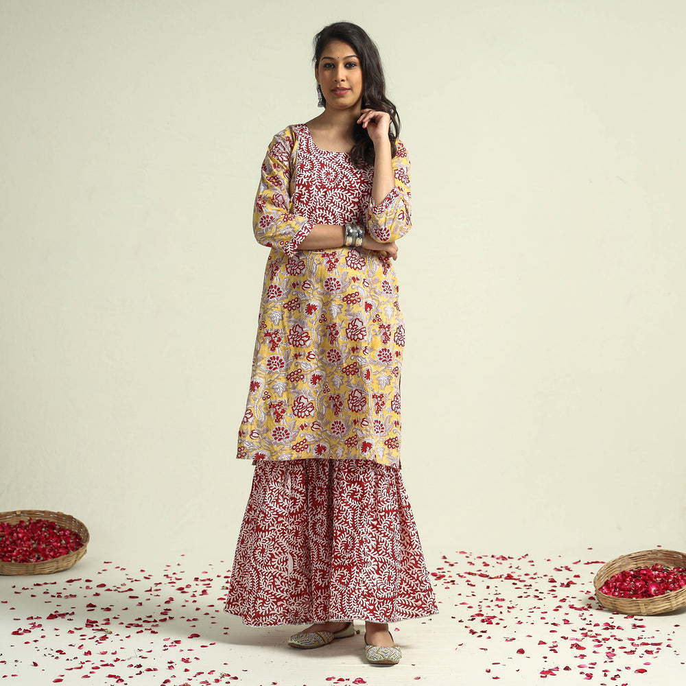 Sanganeri Block Printed Cotton Kurta with Sharara Set