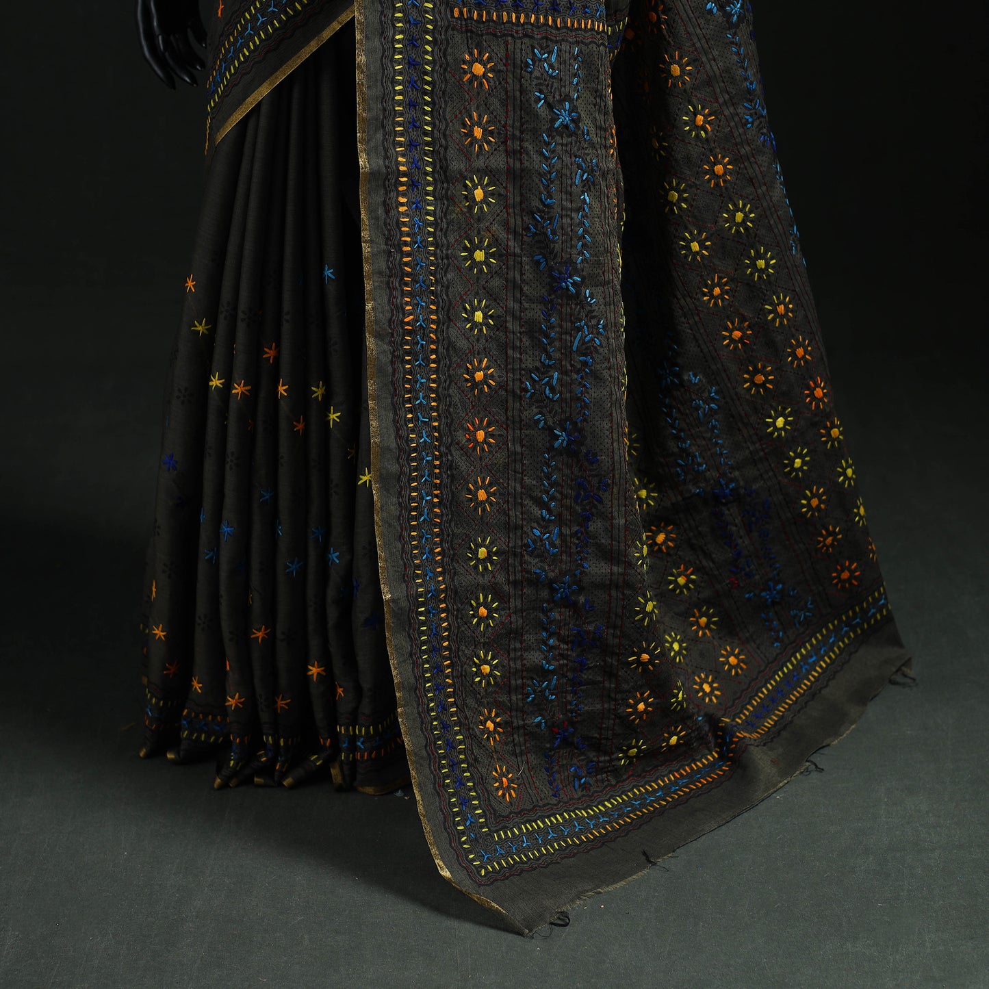 Black - Bengal Kantha Hand Embroidery Silk Cotton Chapa Work Saree 69