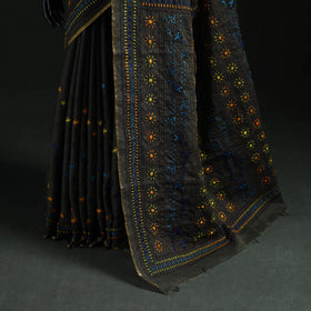Black - Bengal Kantha Hand Embroidery Silk Cotton Chapa Work Saree 69