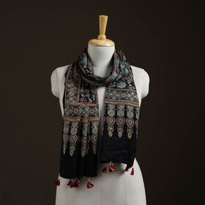 Black - Hand Block Print Natural Dyed Modal Silk Ajrakh Stole 08