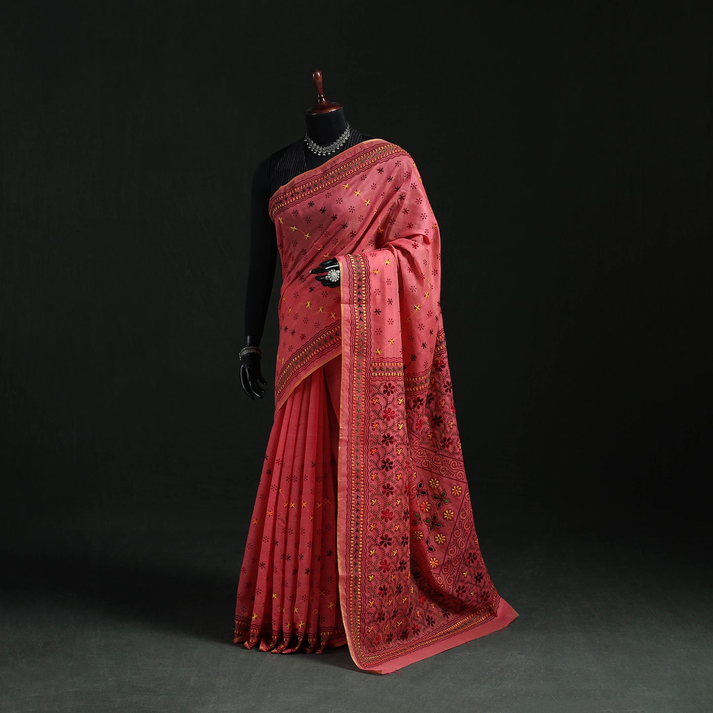 Pink - Bengal Kantha Hand Embroidery Silk Cotton Chapa Work Saree 70