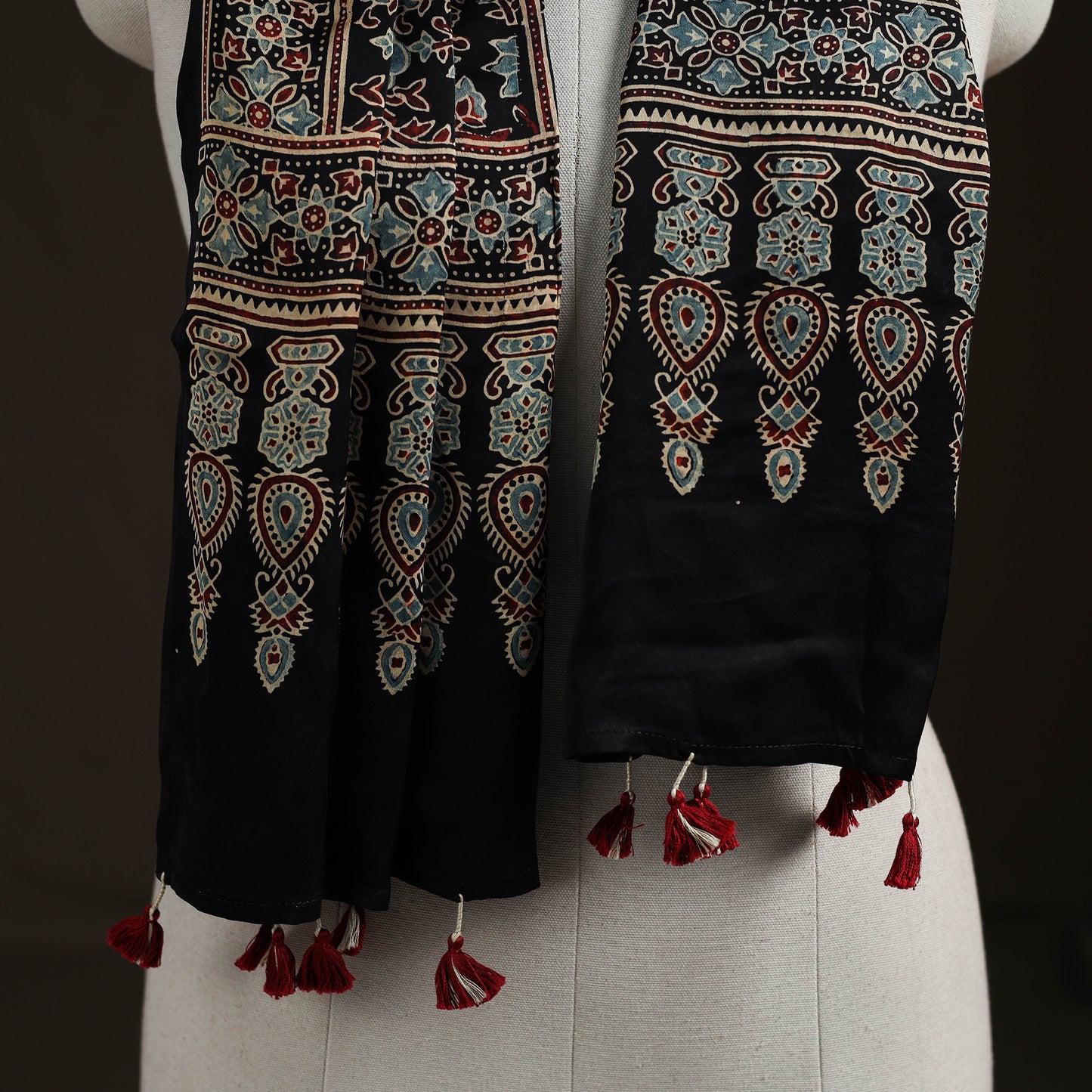 Hand Block Print Natural Dyed Modal Silk Ajrakh Stole 08