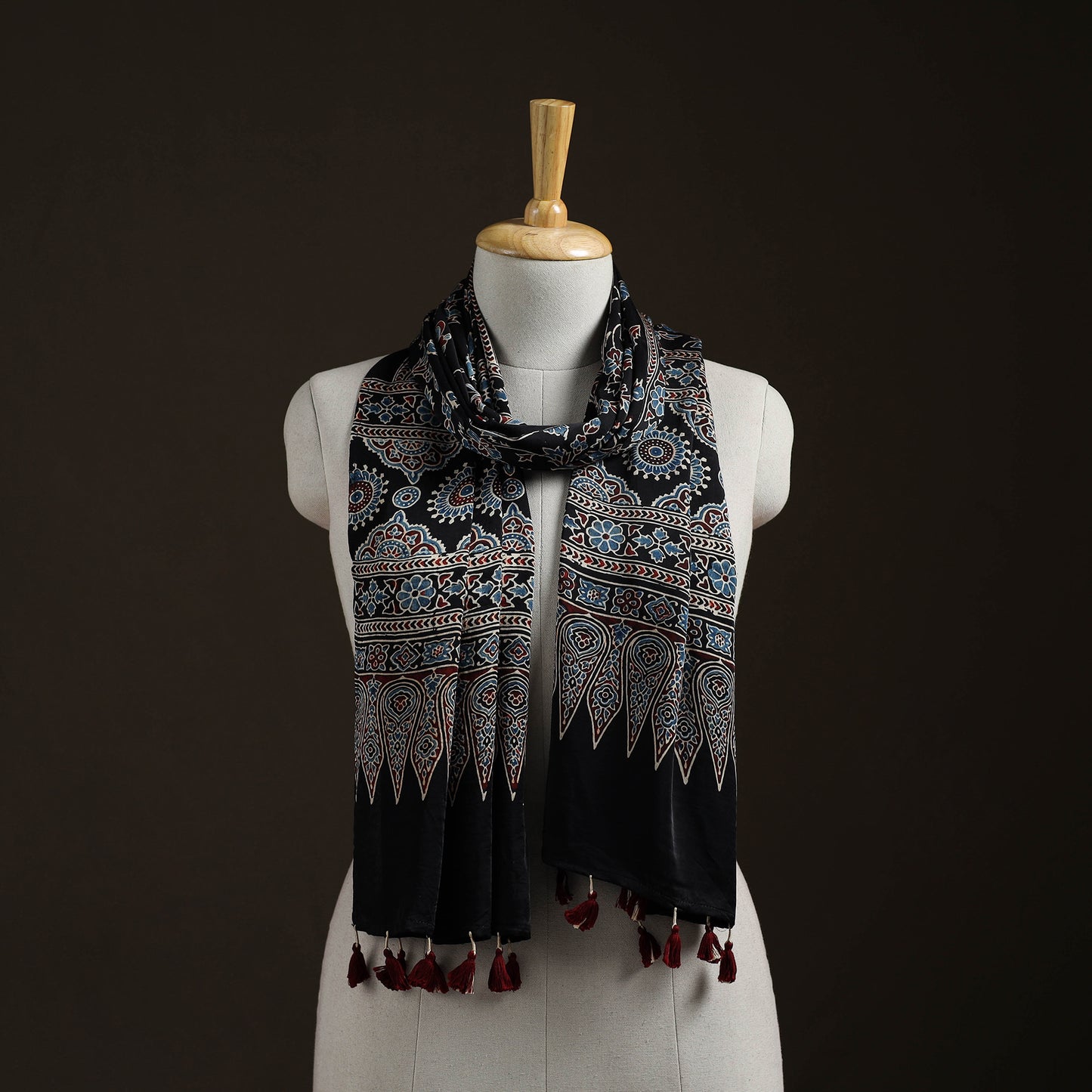 Hand Block Print Natural Dyed Modal Silk Ajrakh Stole 09