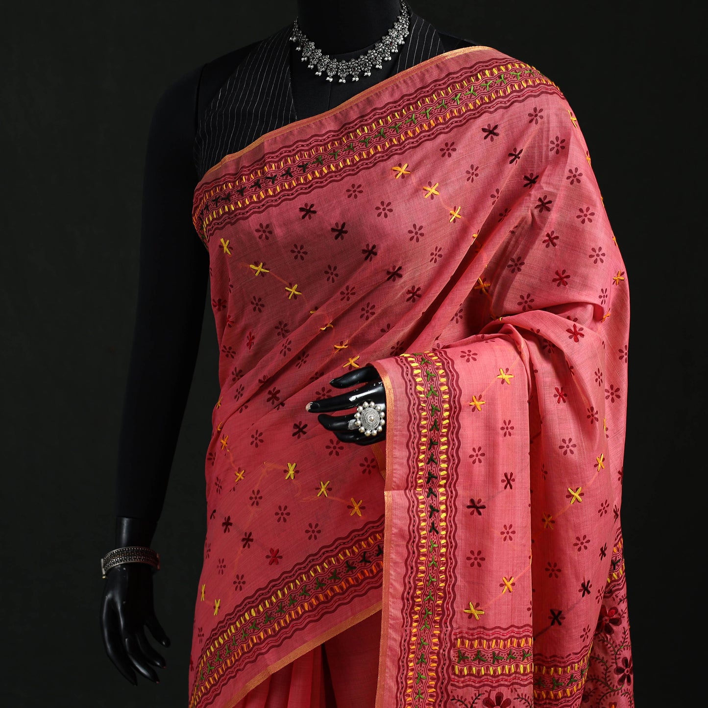 Pink - Bengal Kantha Hand Embroidery Silk Cotton Chapa Work Saree 70