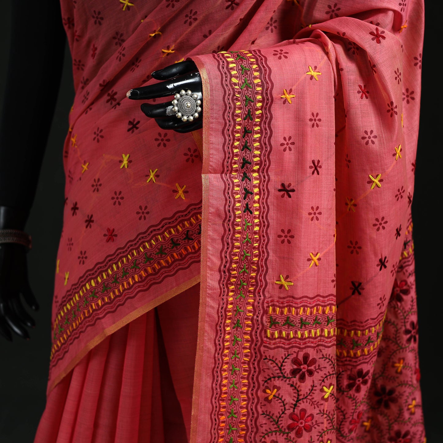 Pink - Bengal Kantha Hand Embroidery Silk Cotton Chapa Work Saree 70