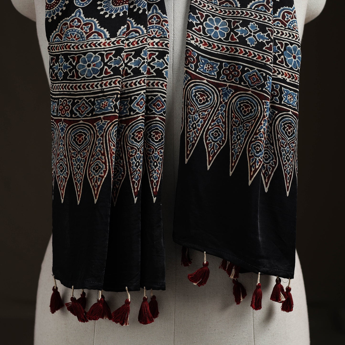 Hand Block Print Natural Dyed Modal Silk Ajrakh Stole 09