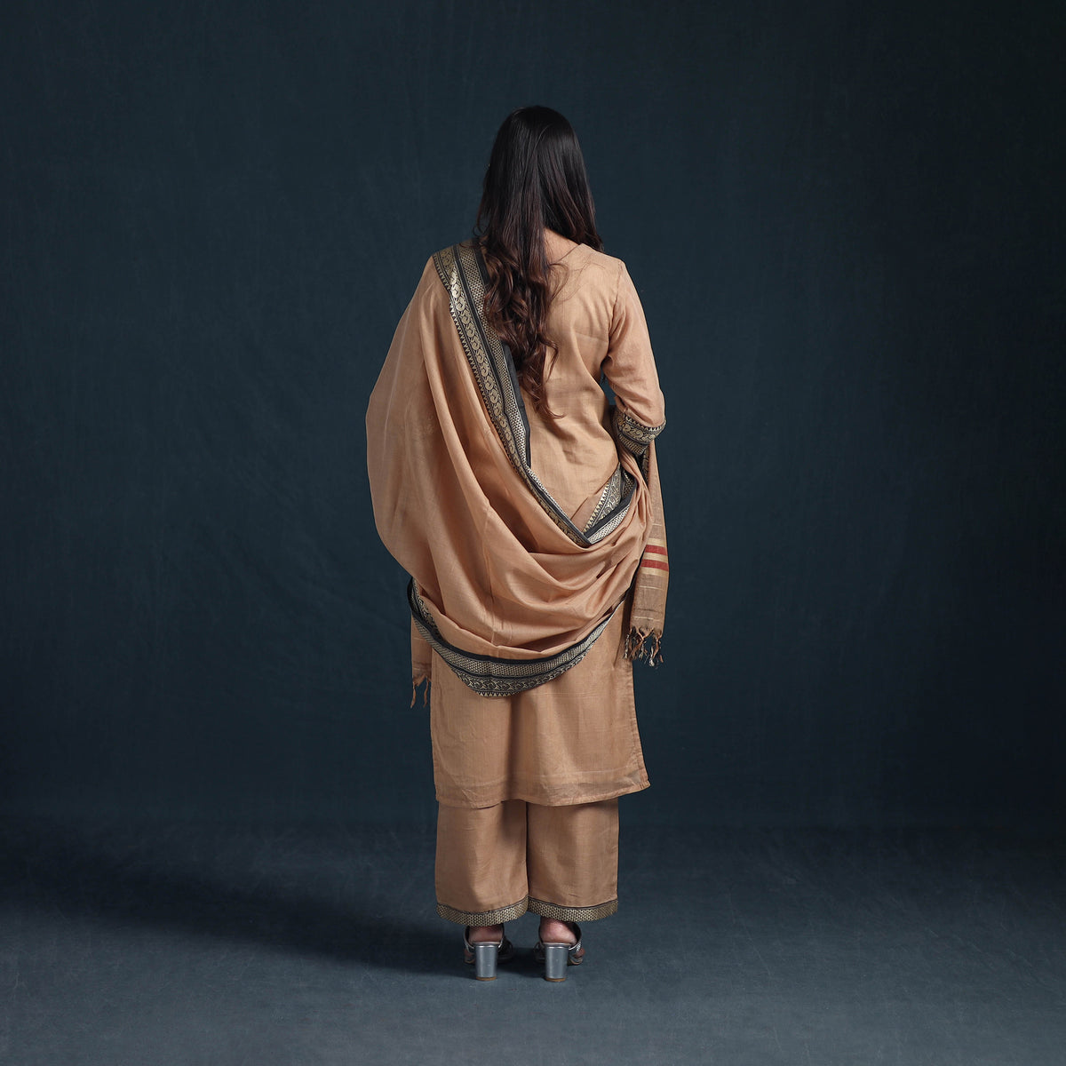 Brown - dharwad cotton suit set with dupatta for women 04