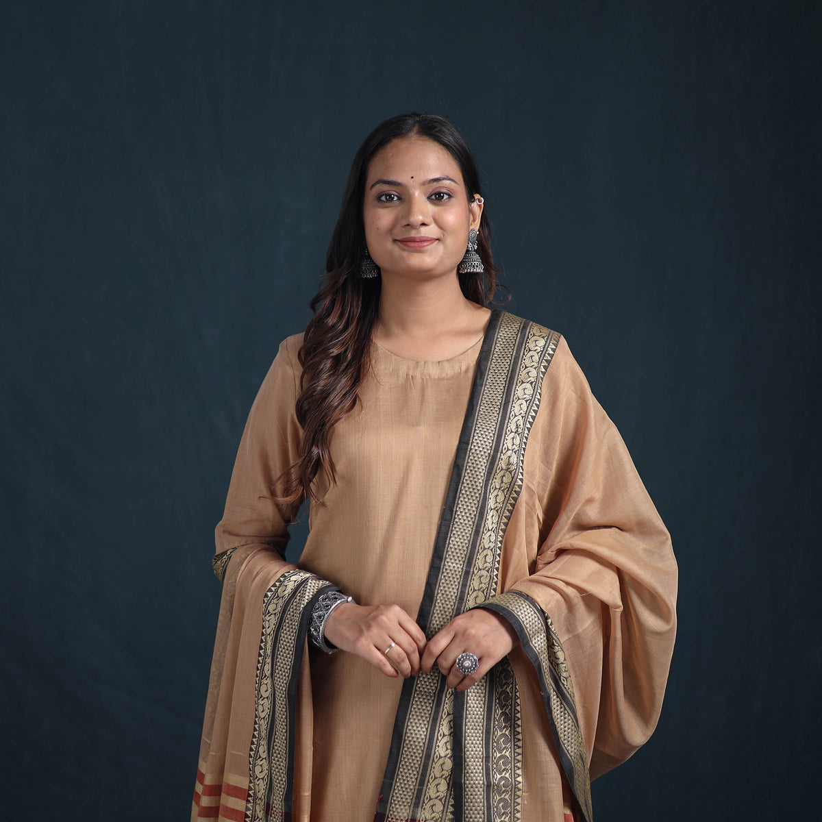 Brown - dharwad cotton suit set with dupatta for women 04