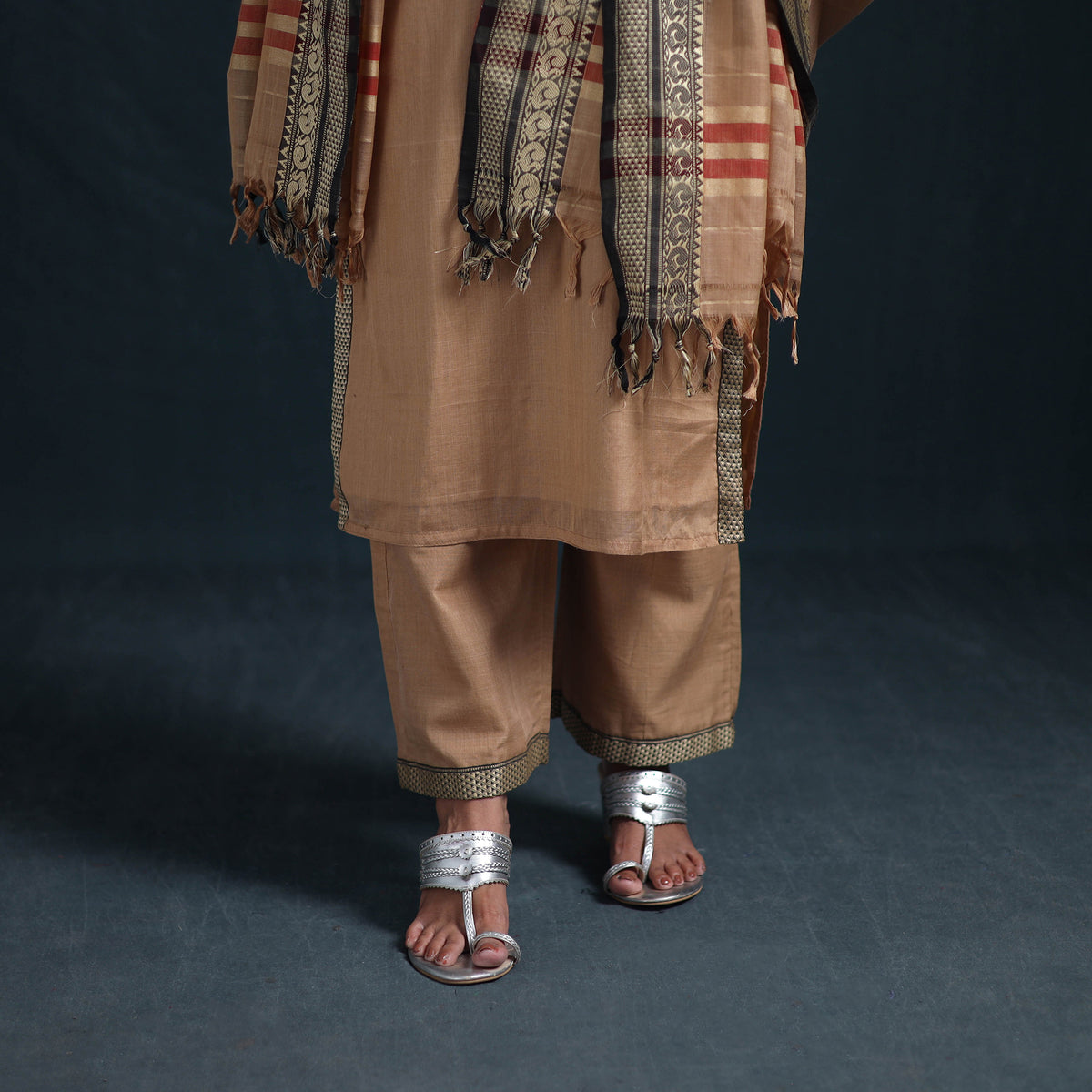 Brown - dharwad cotton suit set with dupatta for women 04