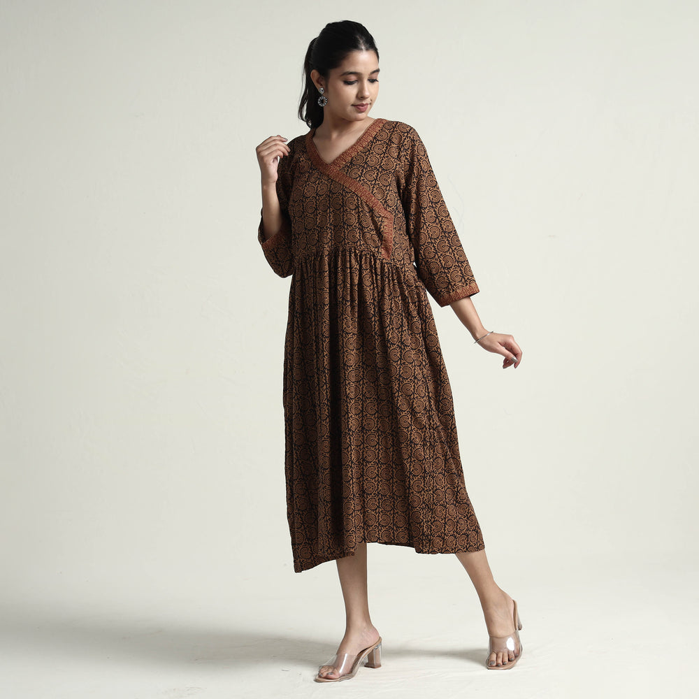 Brown - Bagh Block Printed Cotton Dress