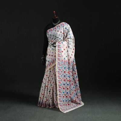 White - Bengal Kantha Hand Embroidery Silk Cotton Chapa Work Saree 71