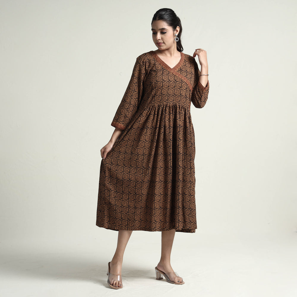 Brown - Bagh Block Printed Cotton Dress