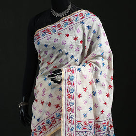 White - Bengal Kantha Hand Embroidery Silk Cotton Chapa Work Saree 71
