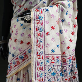 White - Bengal Kantha Hand Embroidery Silk Cotton Chapa Work Saree 71