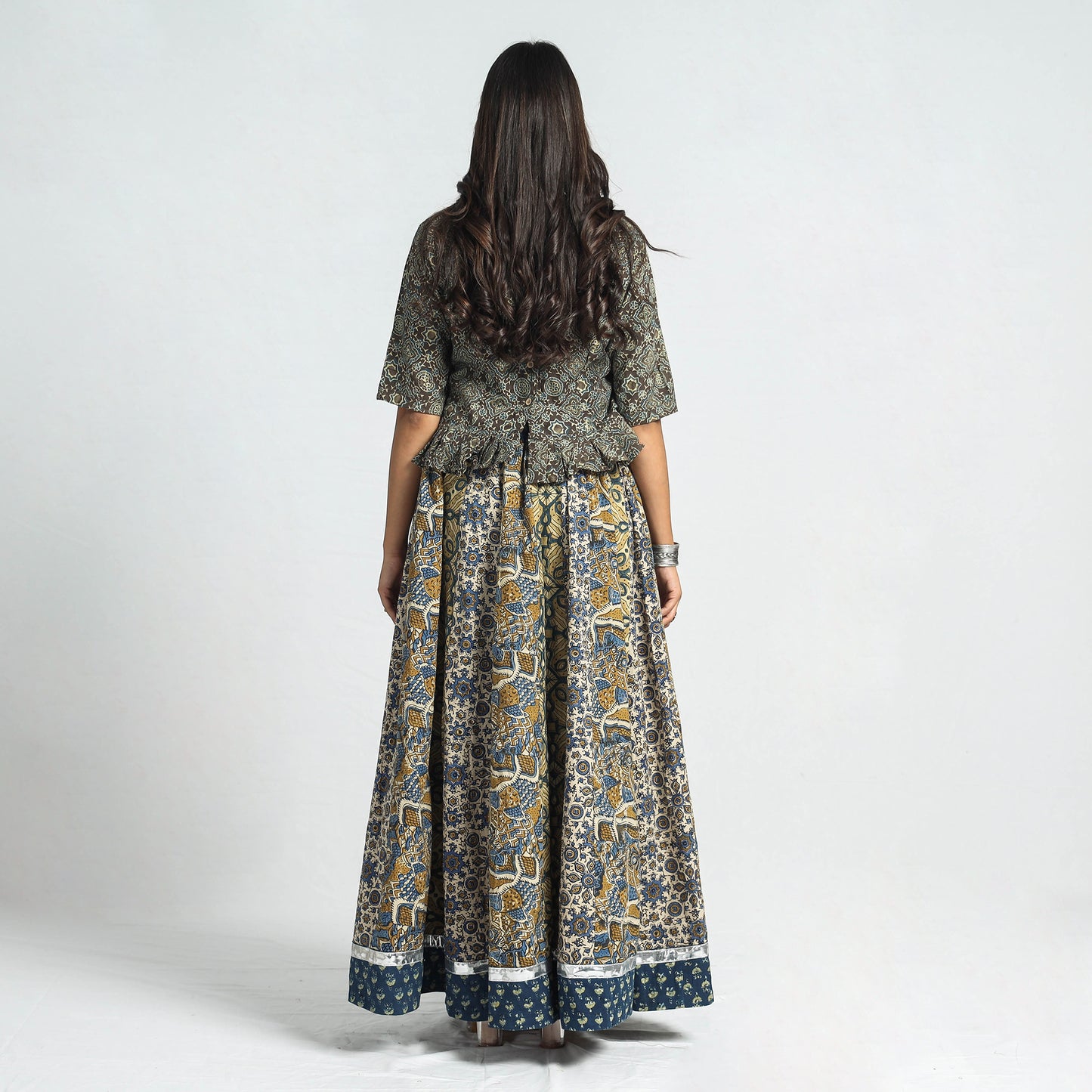 Multicolor - Ajrakh Block Printed 24 Kali Patchwork Cotton Long Skirt