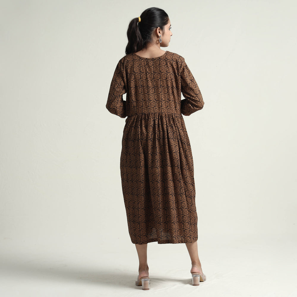 Brown - Bagh Block Printed Cotton Dress