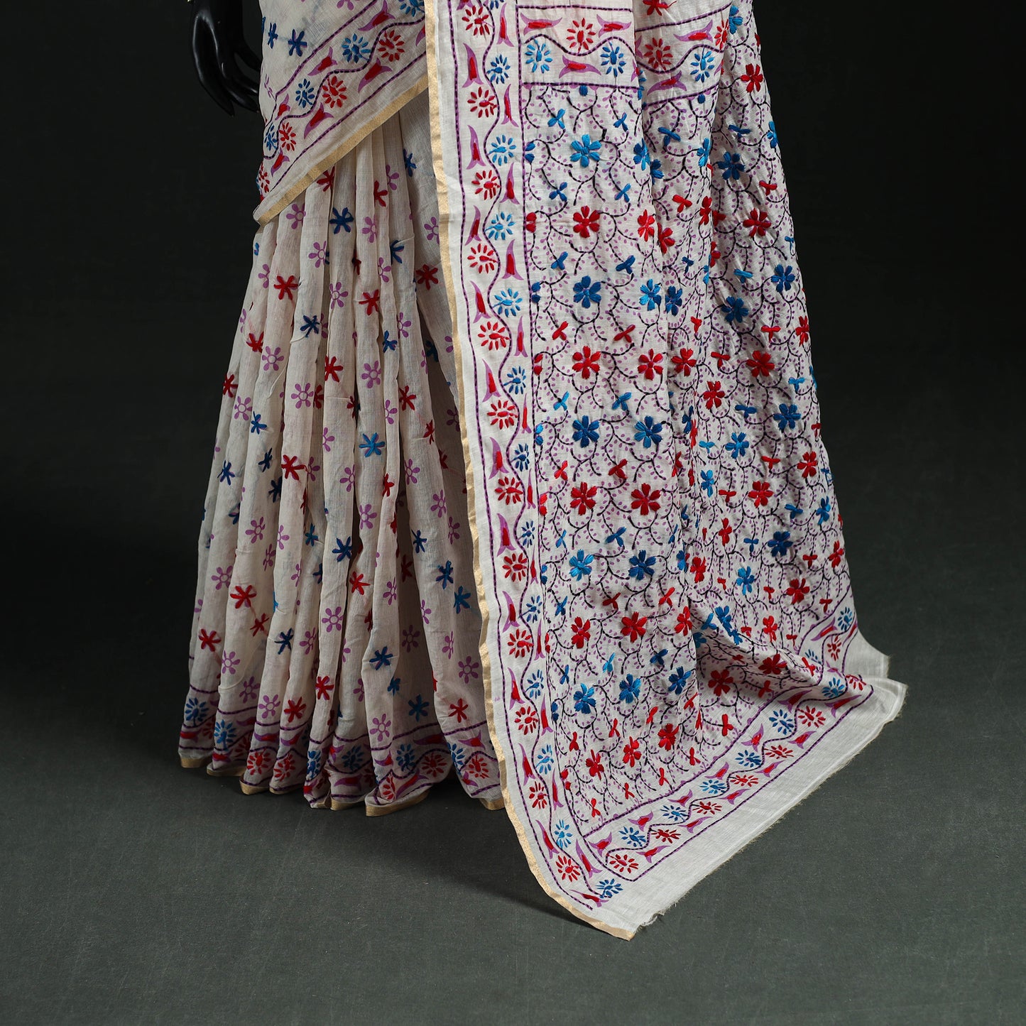 White - Bengal Kantha Hand Embroidery Silk Cotton Chapa Work Saree 71