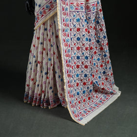 White - Bengal Kantha Hand Embroidery Silk Cotton Chapa Work Saree 71