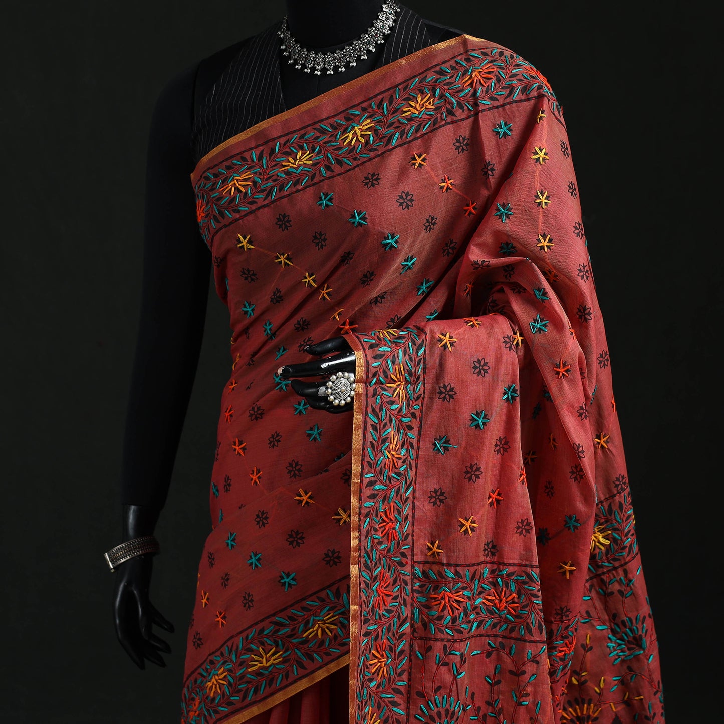 Maroon - Bengal Kantha Hand Embroidery Silk Cotton Chapa Work Saree 73