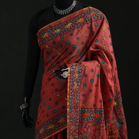 Maroon - Bengal Kantha Hand Embroidery Silk Cotton Chapa Work Saree 73