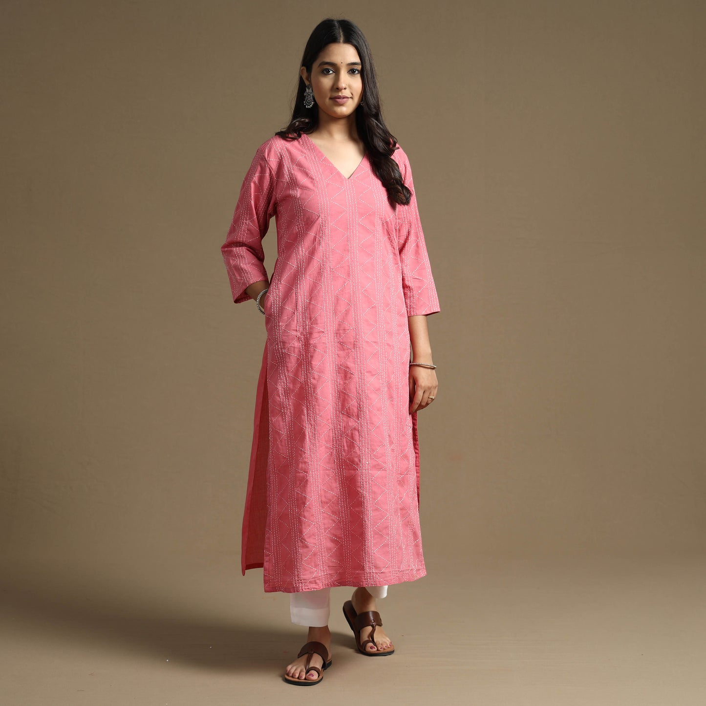 Pink Plain Cotton Tagai Work Long Kurta