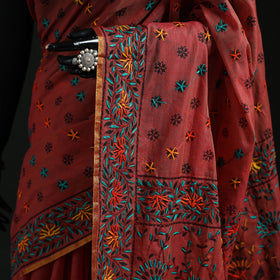 Maroon - Bengal Kantha Hand Embroidery Silk Cotton Chapa Work Saree 73