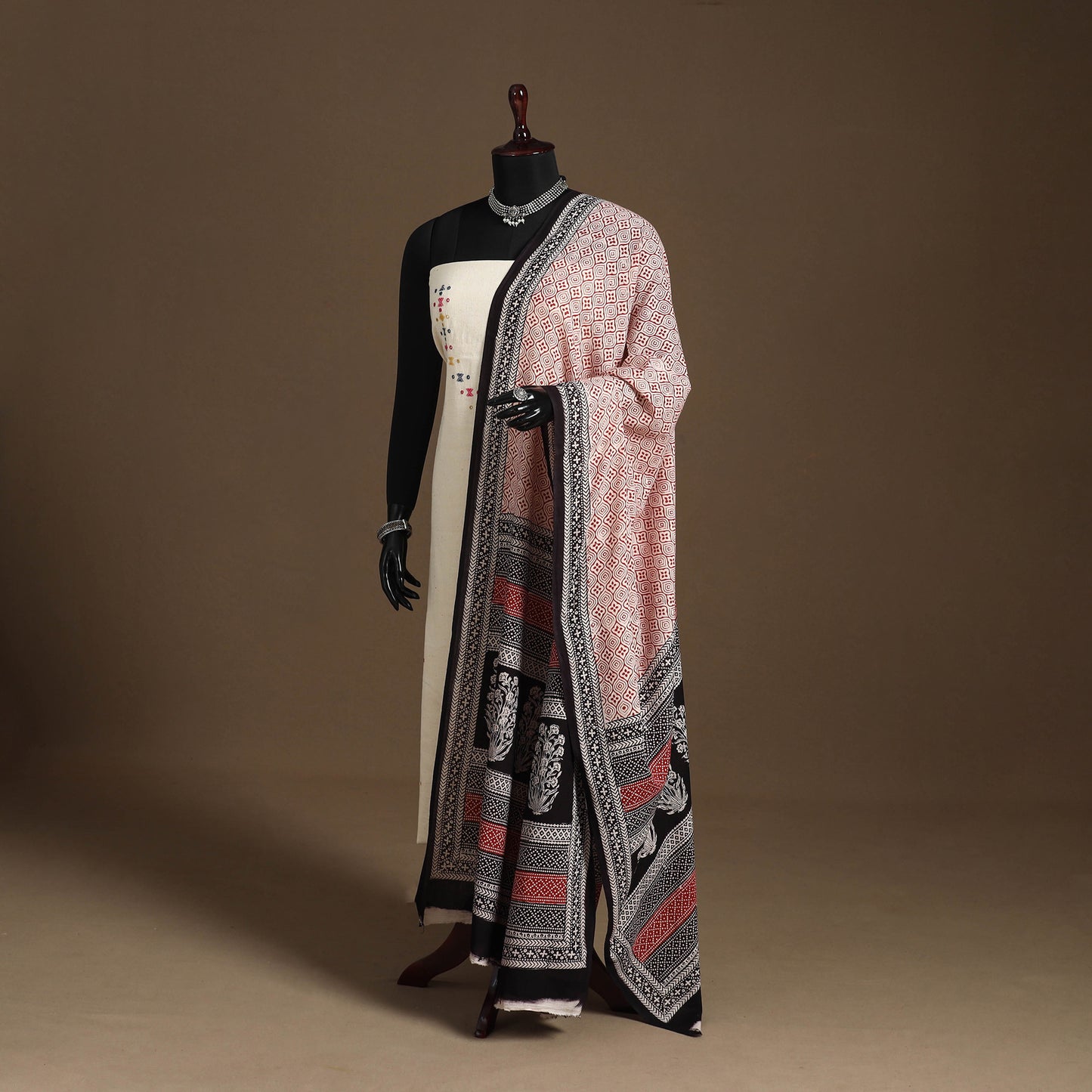 Beige Natural Dyed Cotton Block Print Bagh Dupatta