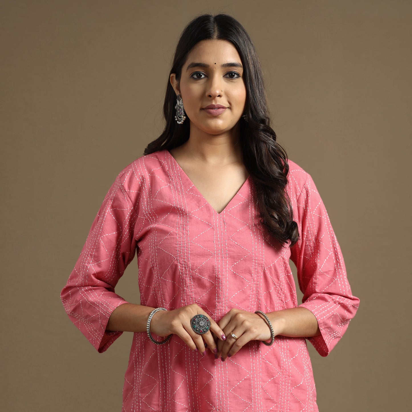 Pink Plain Cotton Tagai Work Long Kurta