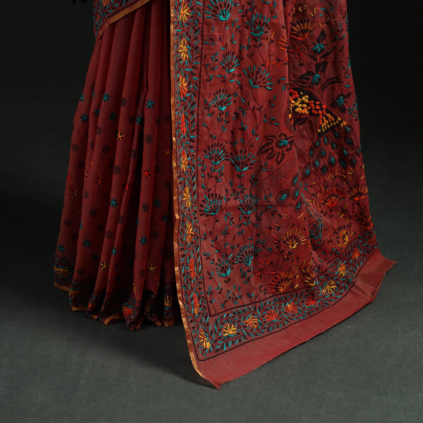Maroon - Bengal Kantha Hand Embroidery Silk Cotton Chapa Work Saree 73