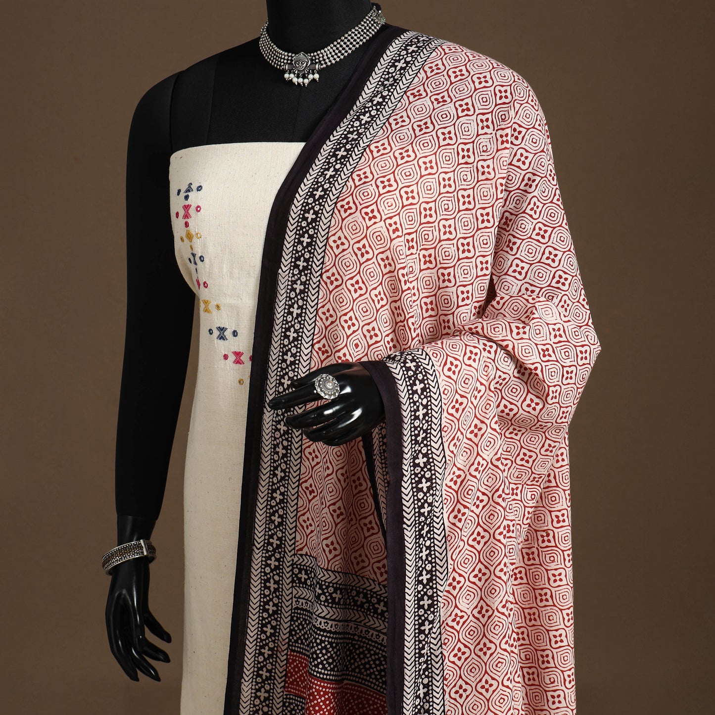 Beige Natural Dyed Cotton Block Print Bagh Dupatta