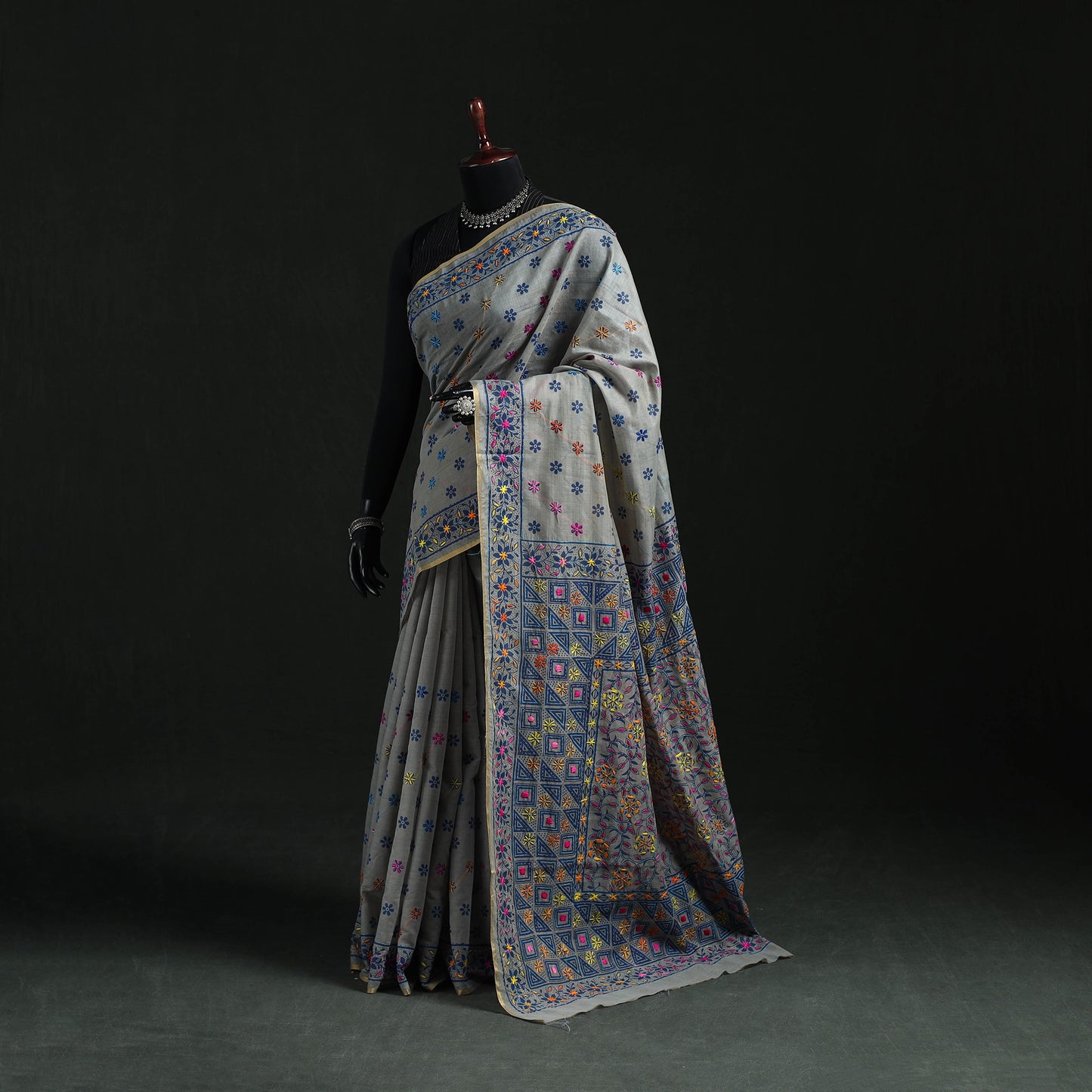 Gray - Bengal Kantha Hand Embroidery Silk Cotton Chapa Work Saree 75