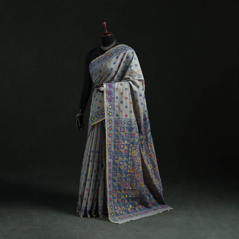 Bengal Kantha Hand Embroidery Silk Cotton Chapa Work Saree 75