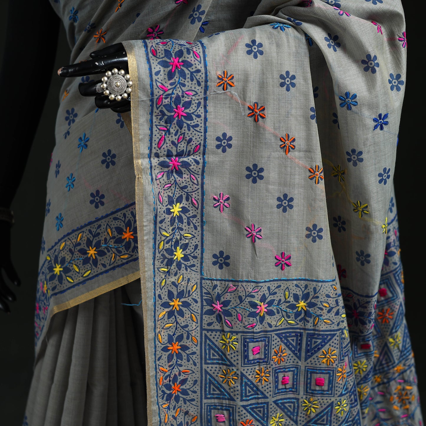 Gray - Bengal Kantha Hand Embroidery Silk Cotton Chapa Work Saree 75