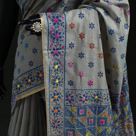 Gray - Bengal Kantha Hand Embroidery Silk Cotton Chapa Work Saree 75