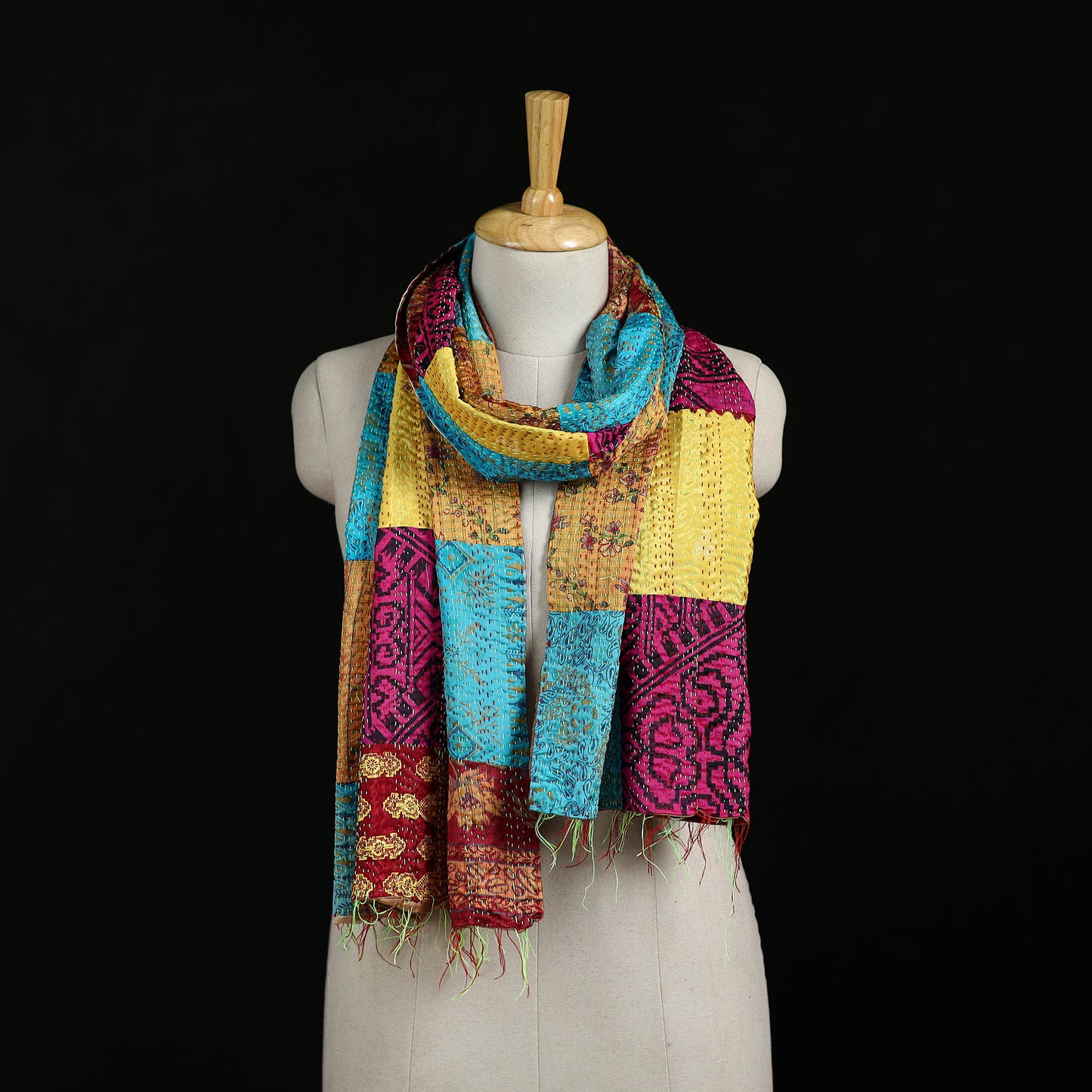 Bengal Kantha Handwork Patchwork Reversible Silk Stole 125