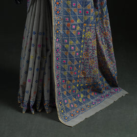 Gray - Bengal Kantha Hand Embroidery Silk Cotton Chapa Work Saree 75