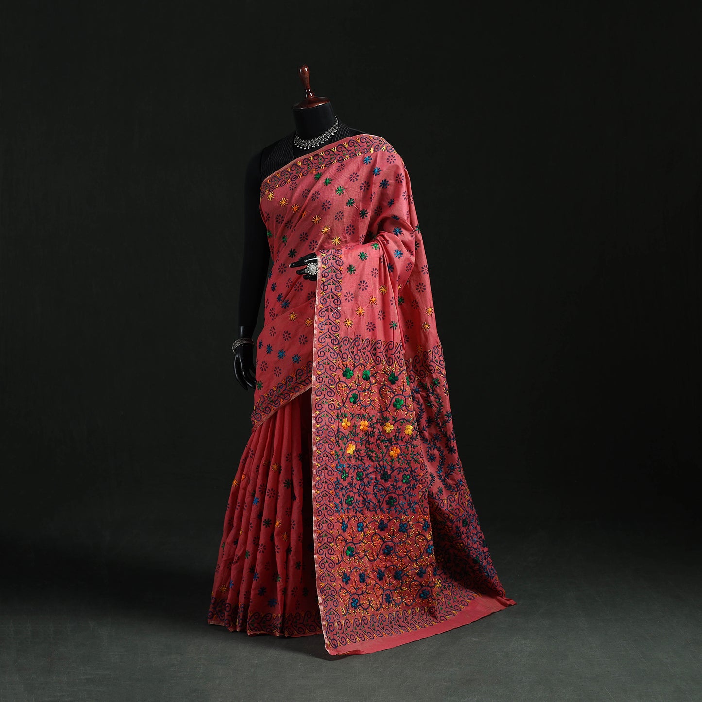 Pink - Bengal Kantha Hand Embroidery Silk Cotton Chapa Work Saree 76
