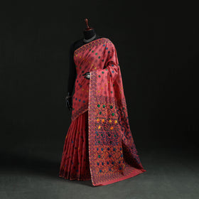 Pink - Bengal Kantha Hand Embroidery Silk Cotton Chapa Work Saree 76