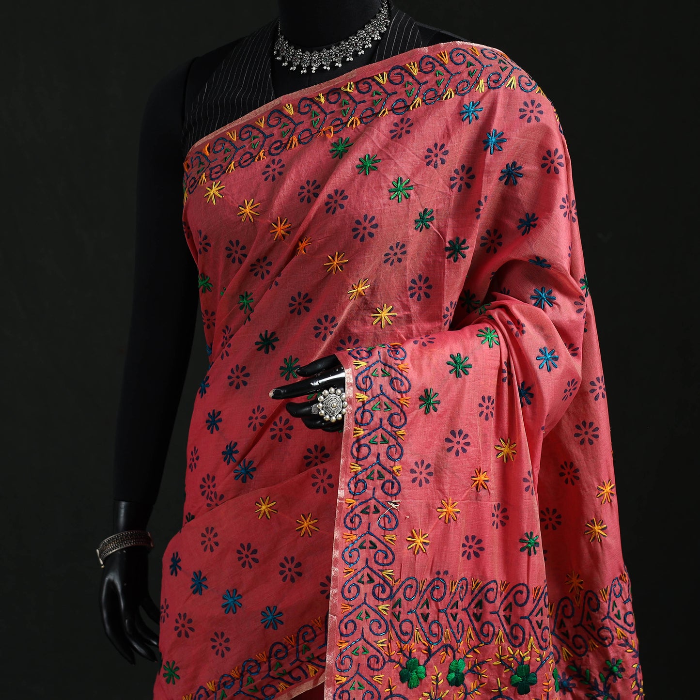Pink - Bengal Kantha Hand Embroidery Silk Cotton Chapa Work Saree 76
