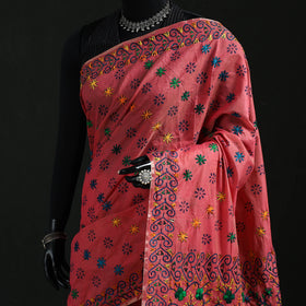 Pink - Bengal Kantha Hand Embroidery Silk Cotton Chapa Work Saree 76