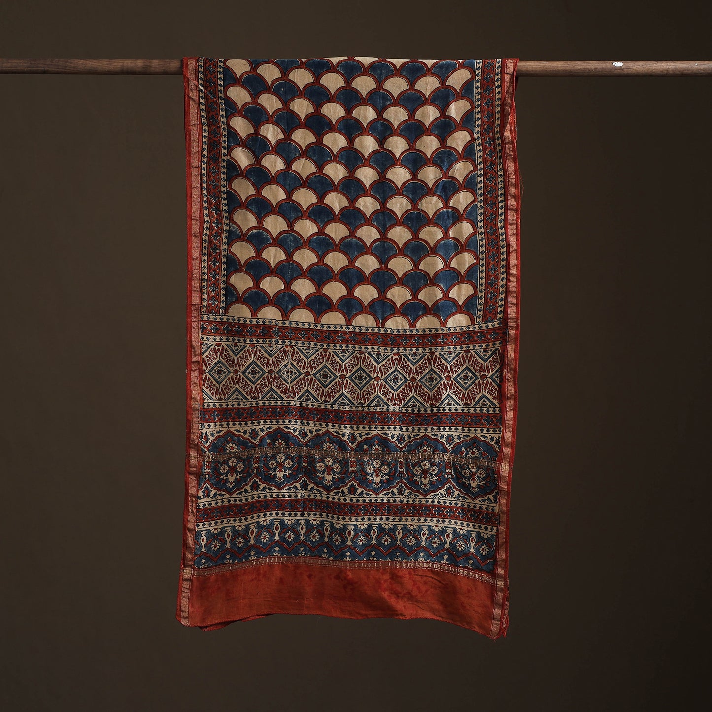 Handloom Chanderi Silk Ajrakh Hand Block Print Natural Dyed Stole 02