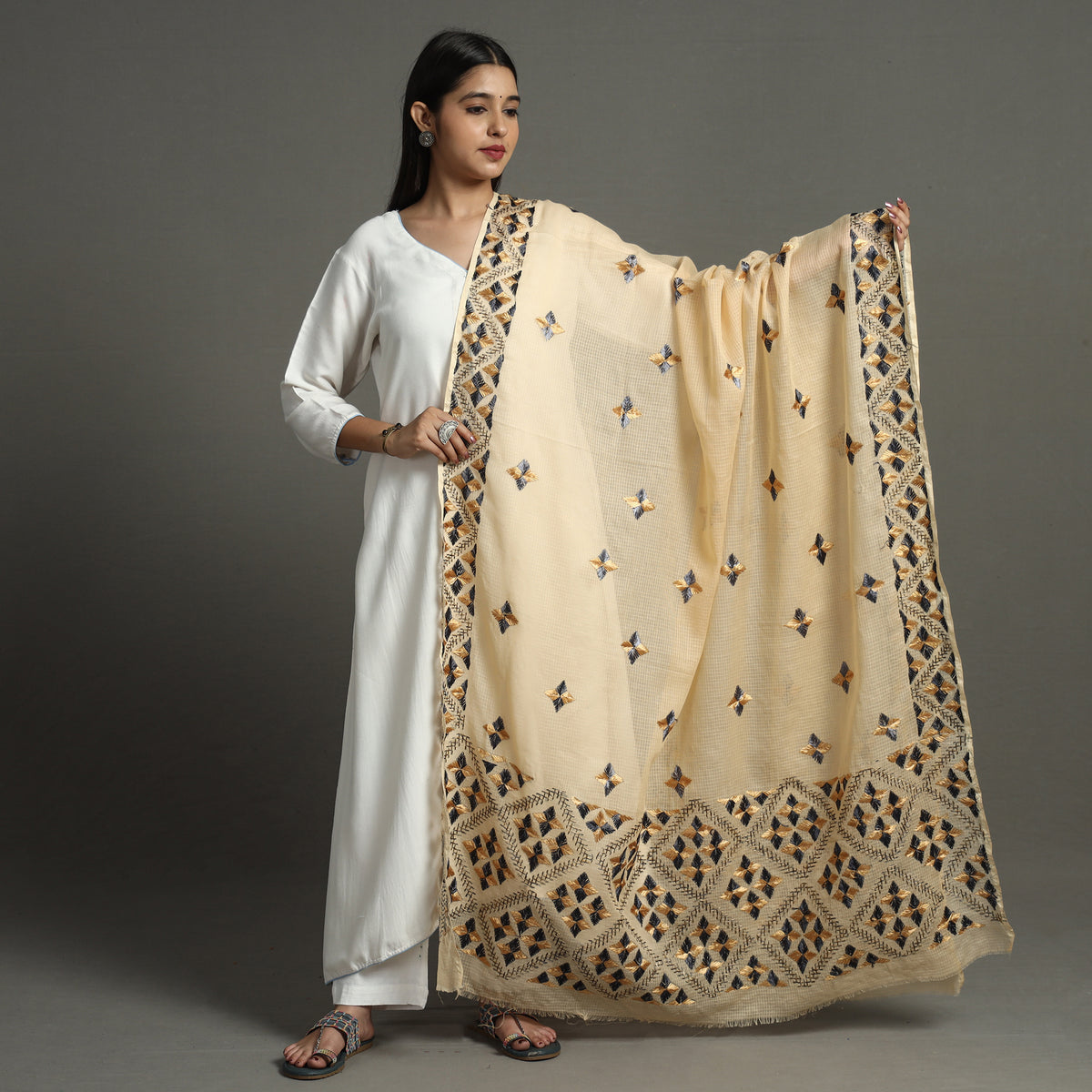 Beige - Phulkari Hand Embroidery Kota Doria Chanderi Silk Dupatta with Tassels 18