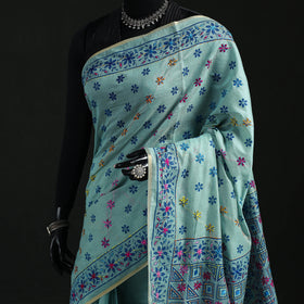 Blue - Bengal Kantha Hand Embroidery Silk Cotton Chapa Work Saree 77