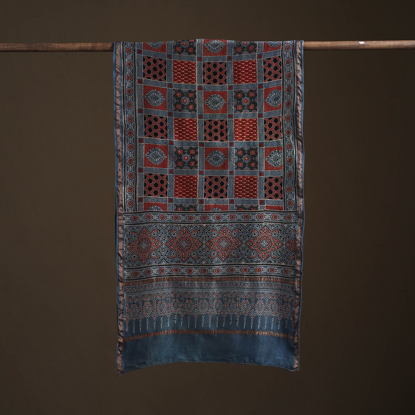 Handloom Chanderi Silk Ajrakh Hand Block Print Natural Dyed Stole 01