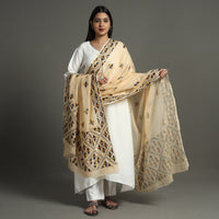 Beige - Phulkari Hand Embroidery Kota Doria Chanderi Silk Dupatta with Tassels 18