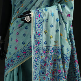 Blue - Bengal Kantha Hand Embroidery Silk Cotton Chapa Work Saree 77