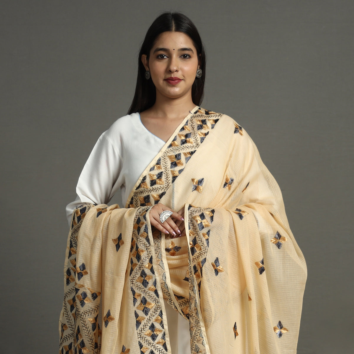 Beige - Phulkari Hand Embroidery Kota Doria Chanderi Silk Dupatta with Tassels 18