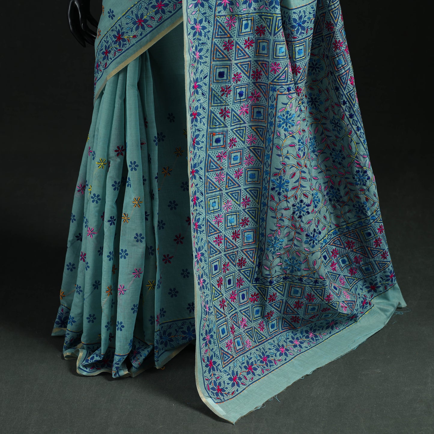 Blue - Bengal Kantha Hand Embroidery Silk Cotton Chapa Work Saree 77