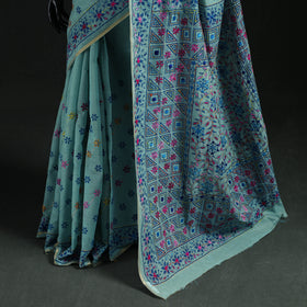 Blue - Bengal Kantha Hand Embroidery Silk Cotton Chapa Work Saree 77