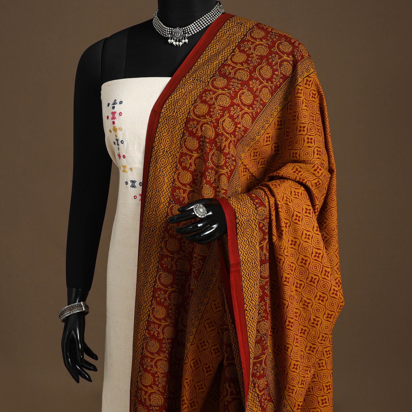 Orange - natural dyed cotton bagh dupatta 08 - handcrafted